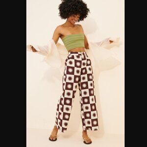 Little Lies Linen Brown & Cream Sun Print Pants S